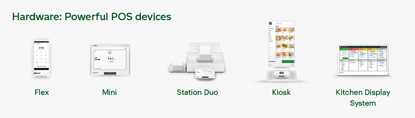Our POS device range: Flex, Mini, Station Duo, Kiosk and Kitchen Display System